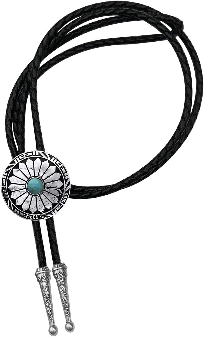 YOQUCOL Vintage American Western Cowboy Indian Art Stone Genunie Leather Bolo Tie For Men Women - Image 1